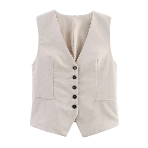 V Neck Button Vest And High Waist Wide Leg Shorts Outfit Summer Casual Linen Look Solid Color Sleeveless Elegant For Women