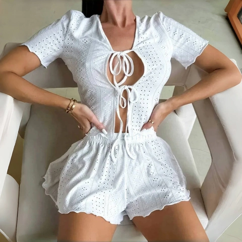 Pajama Top And Shorts Eyelet Lace Short Sleeve Tie Front Cardigan Women Loungewear Vacation Hollow Out Casual