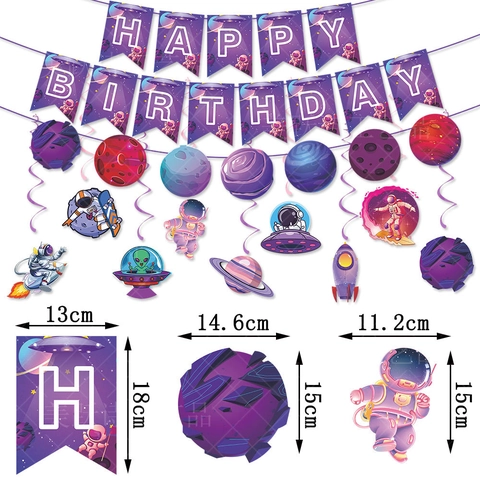 Astronaut Outer Space Birthday Party Decorations Paper Happy Birthday Banner Hanging Swirls Cake Toppers Glasses Galaxy Theme
