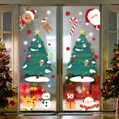 Christmas Window Stickers Static PVC Reusable Glass Decoration Cartoon Santa Claus Reindeer Snowman Holiday Decals