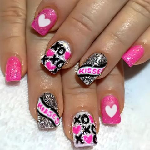 Pink Heart Glitter Press On Nails Valentine Day Theme Medium Square Shape ABS Artificial False Nails For Women