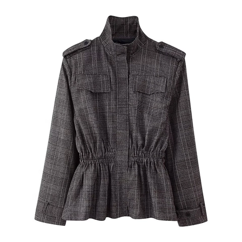 Plaid Drawstring Waist Jacket And Wide Leg Trousers Women Casual Streetwear Ruffle Hem Vintage Polyester