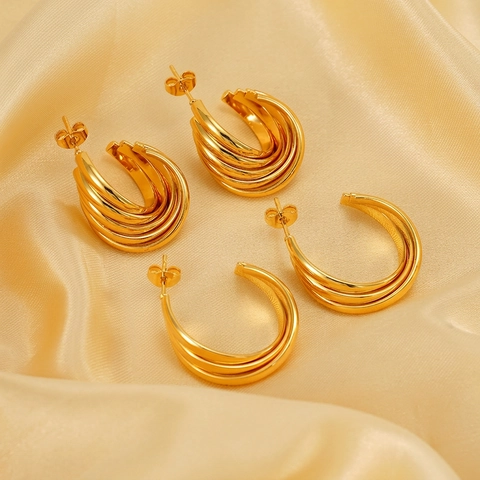 Creolen Aus Edelstahl Mehrlagig 18K Vergoldet Poliert C-Form Geometrisch Minimalistischer Modeschmuck Für Damen