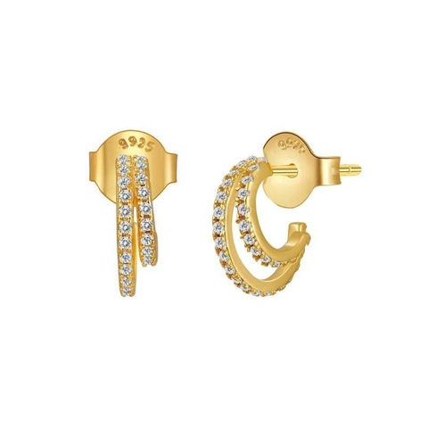 Layered C-Shape Hoop Stud Earrings Micro Paved Zircon Copper Jewelry For Women With 925 Sterling Silver Earring Post