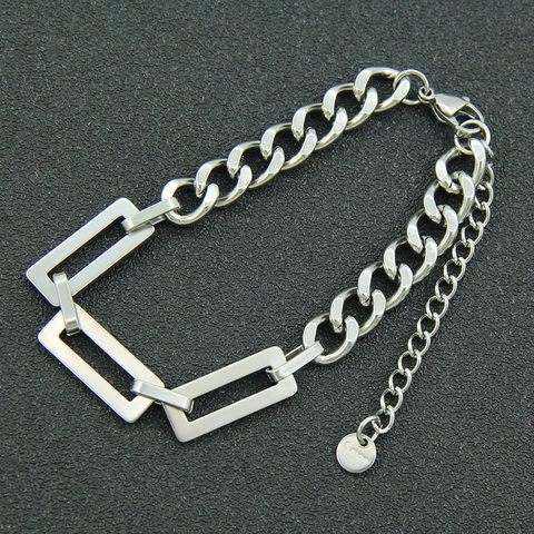 Polished Stainless Steel Cuban Chain Bracelet For Men Women Hip Hop Unisex Rectangular Link Silver Tone Fashion Jewelry Gift