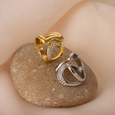 Dames Onregelmatige Geometrische Titaniumstalen Ring 18K Verguld Zirconia Ingelegd Verstelbare Vingerring Minimalistische Sieraden