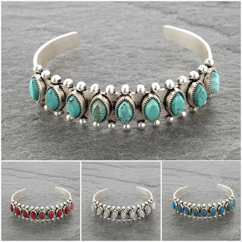 Vintage Bohemian Open Cuff Bangle Bracelet Alloy Silver Tone Turquoise Synthetic Stone Carved Ethnic Jewelry For Women