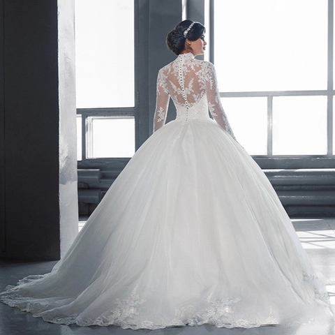 Elegante Trouwjurk Met Lange Mouwen Kant Hoge Hals Tule Baljurk Voor Bruid Wit Bruidsjurken