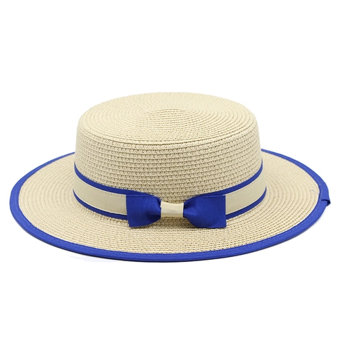 Women Straw Boater Hat Wide Brim Ribbon Bow Foldable Summer Beach Elegant Vintage Sunshade Flat Top Sun Protection