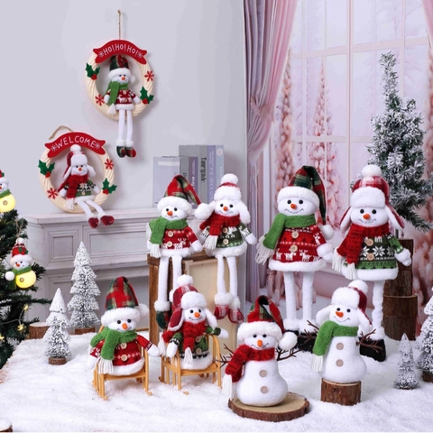 Christmas Snowman Doll Ornament Plush Polyester Fabric Plaid Hat Wood Buttons Sitting Position Holiday Home Decor