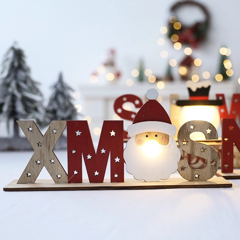 Adorno De Mesa Luminoso LED De Madera De Navidad Papá Noel Muñeco De Nieve Reno Letrero De Letra Fiesta Casa Decoración
