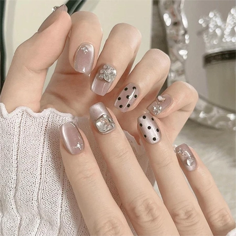 Press On Nails Short Square Cat Eye Rhinestone Polka Dot Glossy False Nails Manicure Art DIY Salon For Women