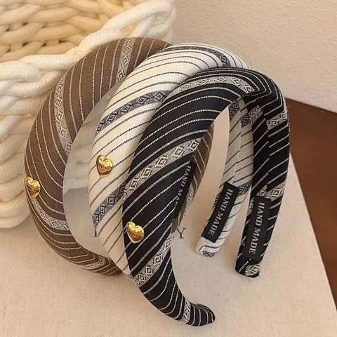 Cerchietto Imbottito A Righe Tessuto Spugna Cerchio Per Capelli Con Cuore Dorato Accessori Vintage Donna Ragazze