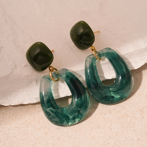 Vintage Geometric Drop Earrings Resin Marble Texture Dark Green Dangle Jewelry With Silver Earring Post For Women