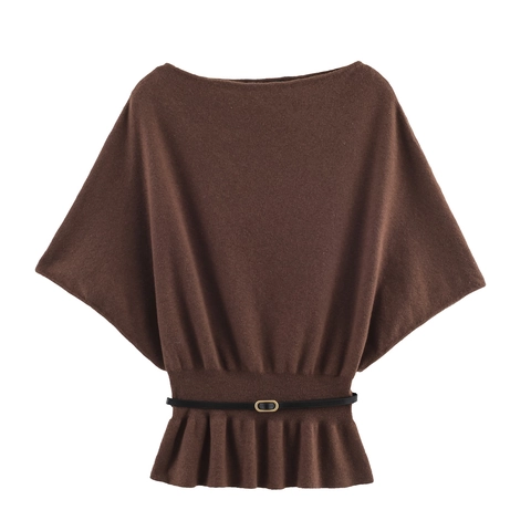 Elegant Boat Neck Batwing Sleeve Knit Top With Belt Peplum Hem Solid Color Casual Sweater For Women
