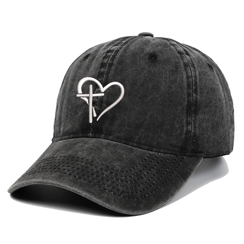 Cappello Da Baseball Vintage Cotone Lavato Ricamo Croce Cuore Cappello Parasole Regolabile Unisex Stile Streetwear Casual