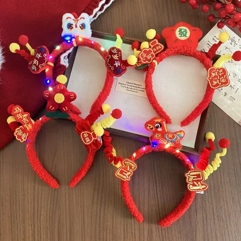 Diadema De Peluche Roja Año Nuevo Chino Danza Del León Pony Decoración Borla Pom Pom Festival De Primavera Mujer