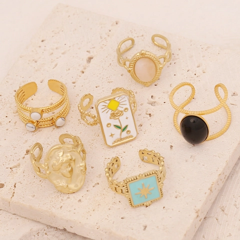 Vintage Tarot Sonne Stern Verstellbarer Ring Edelstahl Vergoldet Emaille Geometrischer Ästhetischer Schmuck Damen