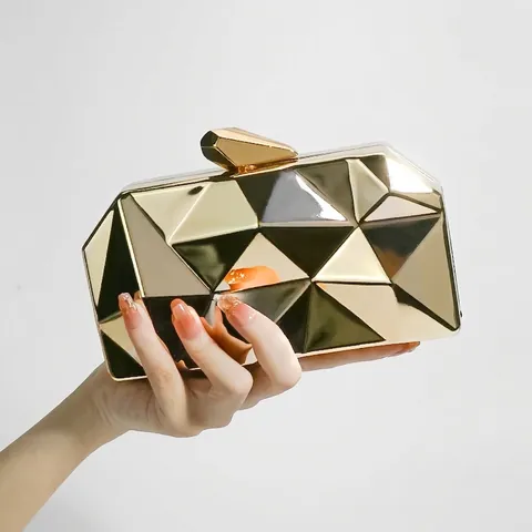 Geometric Multifaceted Evening Clutch Bag Acrylic Hard Shell Metallic Luster Handbag With Removable Metal Chain For Party