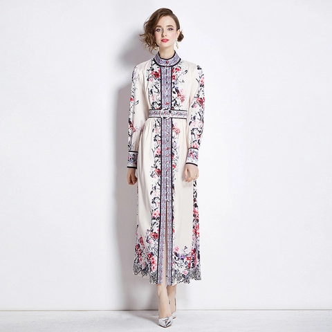Robe Maxi Élégante À Imprimé Fleuri Manches Longues Col Montant Boutonnage Simple Style Palais Vintage Avec Ceinture Pour Femmes