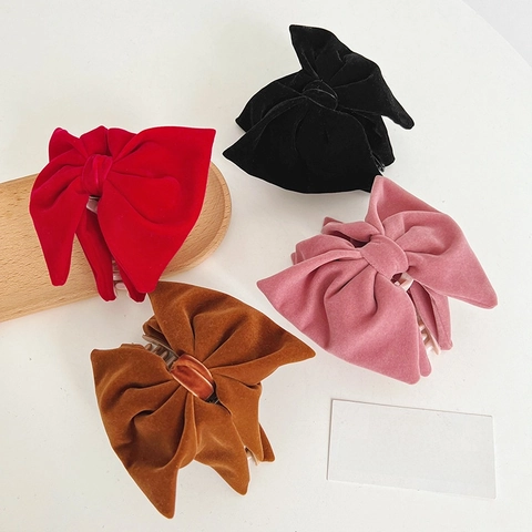 Vintage French Style Large Hair Claw Clip Velvet Bow With Faux Artificial Pearls Elegant Solid Color Hair Accessory For Women