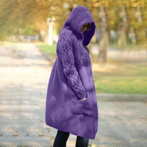 Cardigan Con Cappuccio In Maglia A Trecce Da Donna Manica Lunga Acrilico Poliestere Cappotto In Maglia Monopetto Con Tasche Streetwear Casual