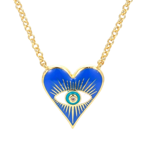 Herz Böser Blick Anhänger Halskette Kupfer Emaille Zirkon Vergoldet Retro Schmuck Damen