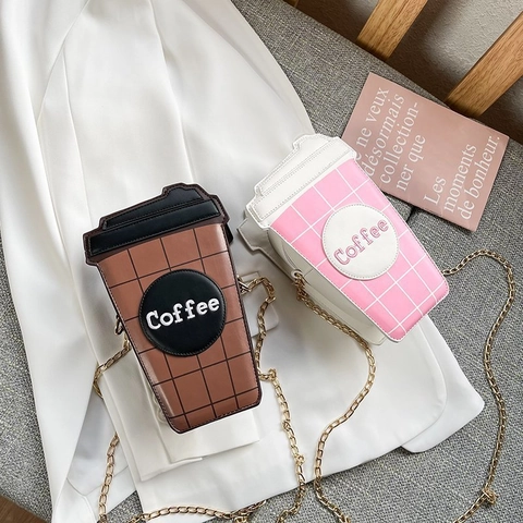 Divertido Bolso Bandolera Con Forma De Taza De Café Cuero PU Patrón De Rejilla Cadena
