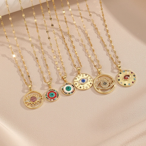 Evil Eye Pendant Necklace Stainless Steel Link Chain Copper Round Coin Colorful Zircon Enamel Retro Bohemian Charm For Women