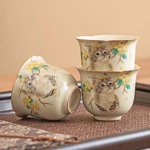 Ru Porcelain Teacup Hand Painted Cat Flower Ceramic Crackle Glaze Petal Shaped Rim Kung Fu Tea Tasting Cup Vintage Style Gift