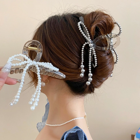 Pinza Para El Pelo Con Lazo De Acrílico Y Perlas Artificiales Sintéticas Elegante Pinza Geométrica Vintage Para Mujer