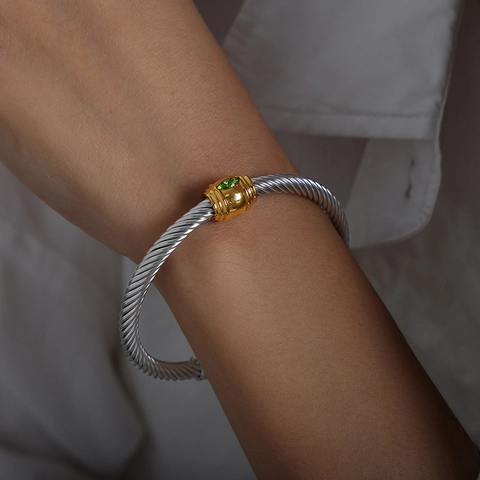 Twisted Cable Stainless Steel Open Bangle For Women Multicolor Zirconia Marquise Cut Gold Silver Two Tone Bracelet Fashion Jewelry