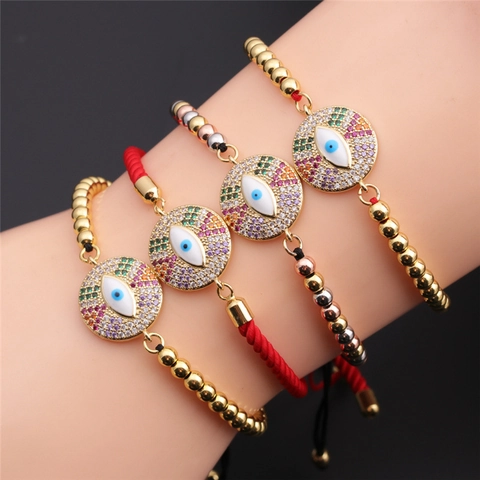 Evil Eye Bracelet Copper Zircon Adjustable Woven Rope Turkish Style Fashion Jewelry For Women Lucky Protection