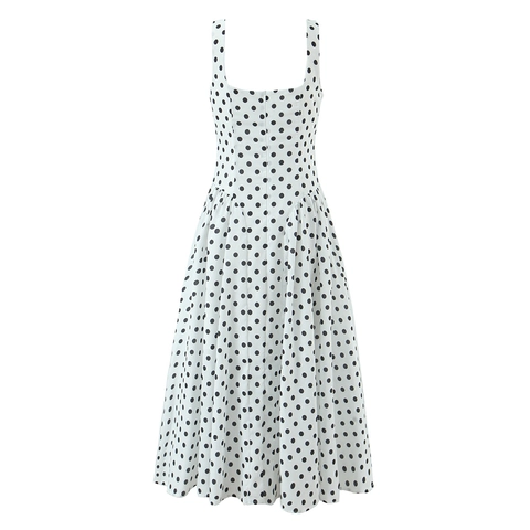 Vestido Midi De Lunares Con Cuello En V Sin Mangas Cintura Alta Línea A Swing Retro Moda De Verano Poliéster Para Mujer