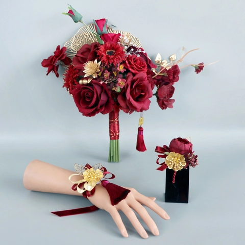 Bridal Bouquet Groom Boutonniere Wrist Corsage Artificial Satin Rose Gold Leaves Tassel Wedding Floral Retro Chinese Style