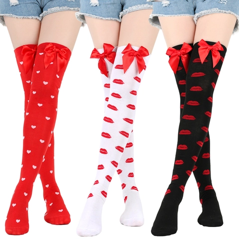 Women Valentine's Day Over The Knee Socks Red Lips Heart Pattern Bow Knee High Stockings Long Thigh High Socks For Dating Party