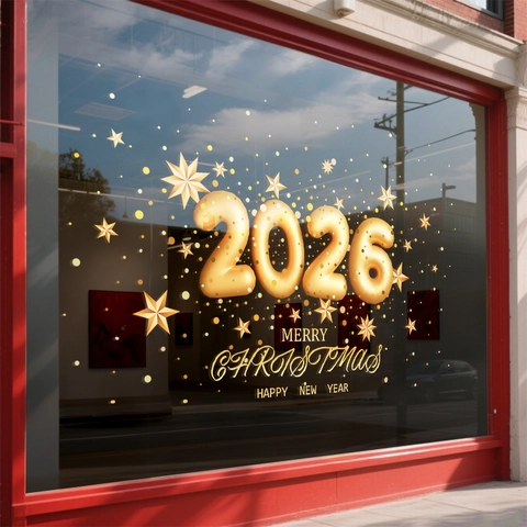 2026 Christmas New Year Window Sticker Static Cling PVC Gold Double Sided Decor Glass Door Decal Holiday Party Ornament