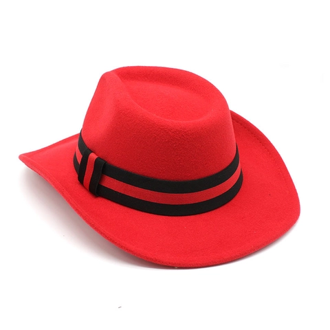 Western Cowboy Hat Vintage Fedora Wide Brim Cotton Polyester Felt With Striped Ribbon Windproof Rope For Unisex Adults