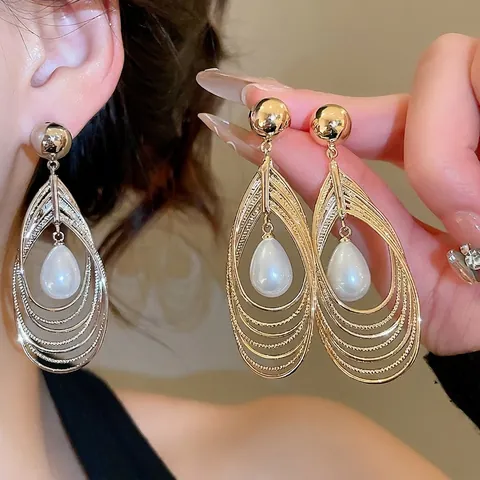 Teardrop Artificial Pearl Drop Earrings Multi Layer Hollow Alloy With 925 Sterling Silver Earring Post Vintage Luxury Jewelry For Women