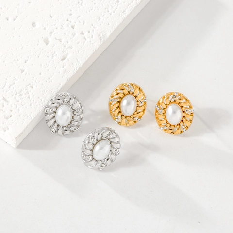 Pendientes De Perlas Artificiales Ovaladas Vintage Acero Inoxidable Chapado En Oro 18K Borde Retorcido Joyería Elegante Para Mujer