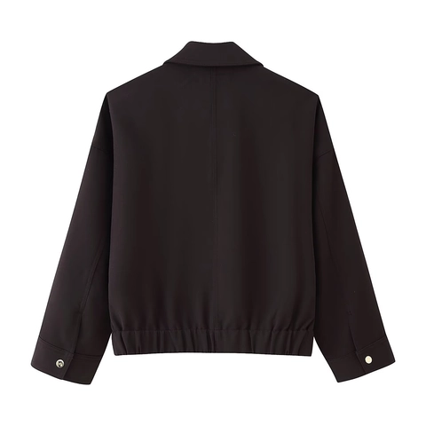 Chaqueta Con Cremallera Para Mujer Manga Larga Poliéster Color Sólido Ajuste Holgado Solapa Abrigo Corto