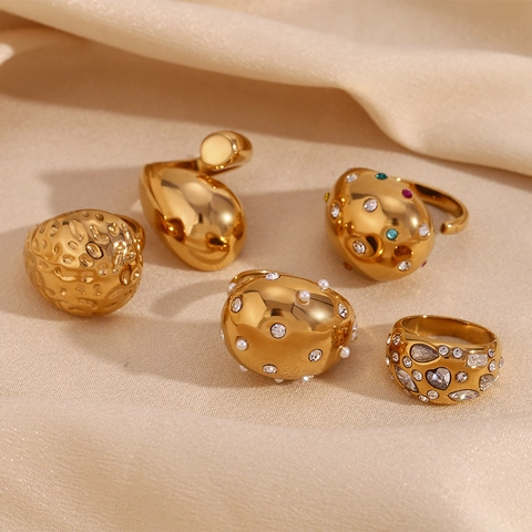 18K Vergoldeter Edelstahl Offene Ringe Für Damen Zirkonia Strass Marquise Gehämmert Textur Tropfen Fingerring Mode Schmuck