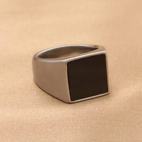 Men Signet Ring Stainless Steel Square Black Inlay Retro Punk Style Geometric Polished Band Jewelry