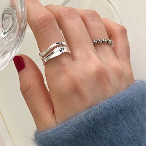 Bague En Argent Sterling 925 Minimaliste Ondulée Ligne Courbe Irrégulière Ajustable Ouverte Bijoux Pour Femmes