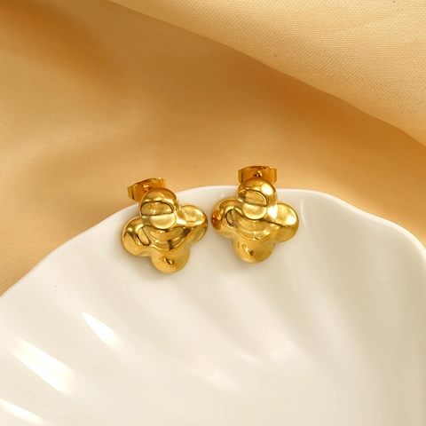 Puffy Kleeblatt Blume Ohrstecker 18K Vergoldeter Edelstahl Vintage Geometrischer Schmuck Für Frauen