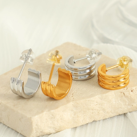 Stainless Steel C Shape Hoop Earrings Triple Ribbed Texture Minimalist Geometric Jewelry For Women