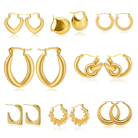 Gold Plated Stainless Steel Hoop Earrings For Women Hollow Geometric C-Shape Chunky Hammered Textured Trendy Jewelry