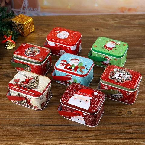 Caja De Hojalata Portátil Para Dulces De Navidad Con Asa Recipiente De Regalo Rectangular De Metal Para Fiestas