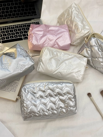 Quilted Heart Bow Makeup Bag Metallic PU Leather Portable Cosmetic Pouch Travel Toiletry Organizer Stationery Case