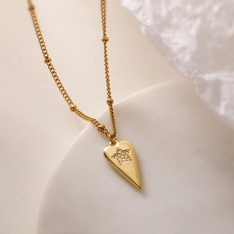 Collar Con Colgante De Corazón Cobre Chapado En Oro De 18K Circón Motivo De Estrella Esmalte Rayado Joyas De Moda Para Mujer